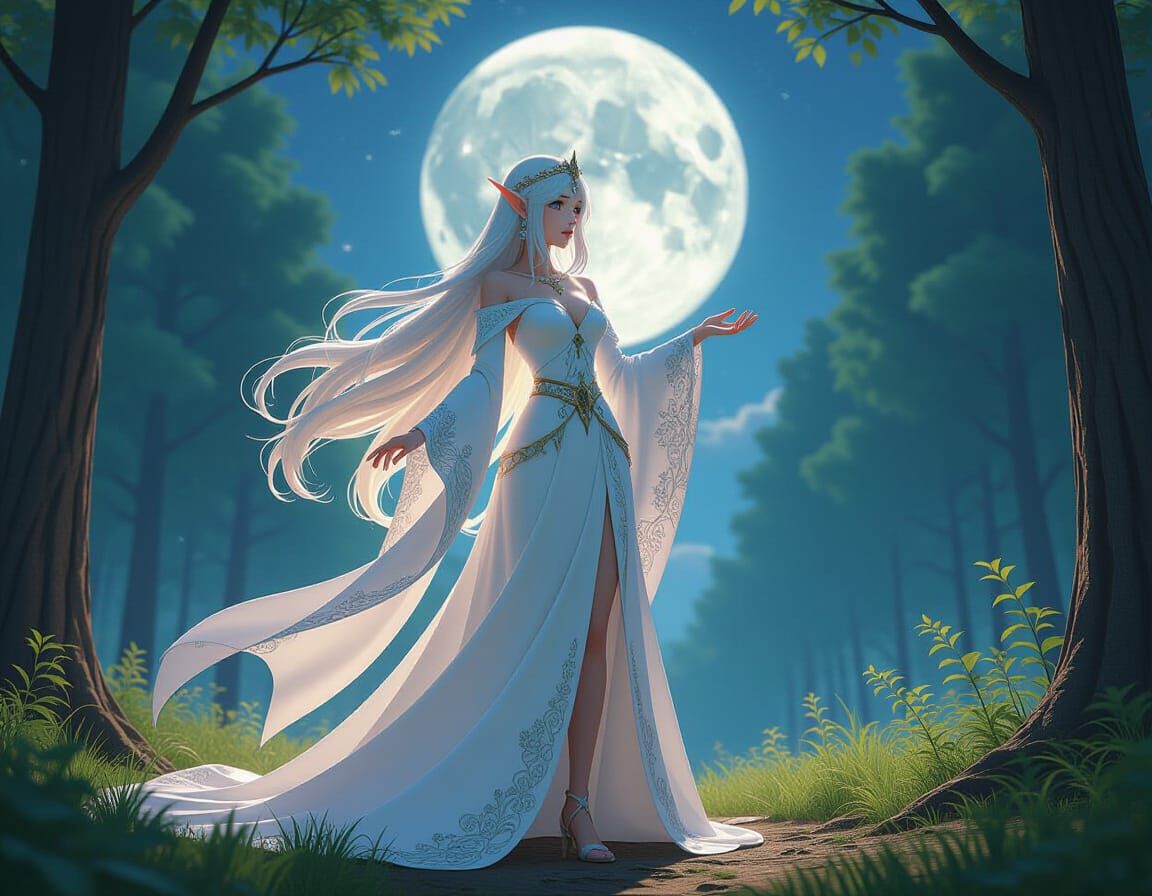 Elf Sorceress Summoning Goddesses in Moonlit Forest Clearing