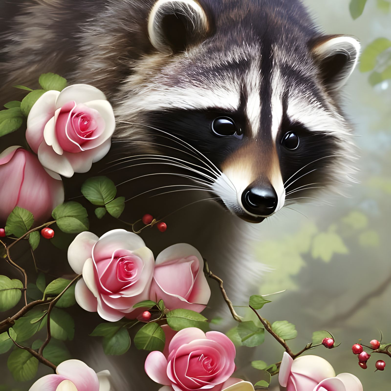 Raccoon in Floral Adornment, Hyperdetailed Concept Art