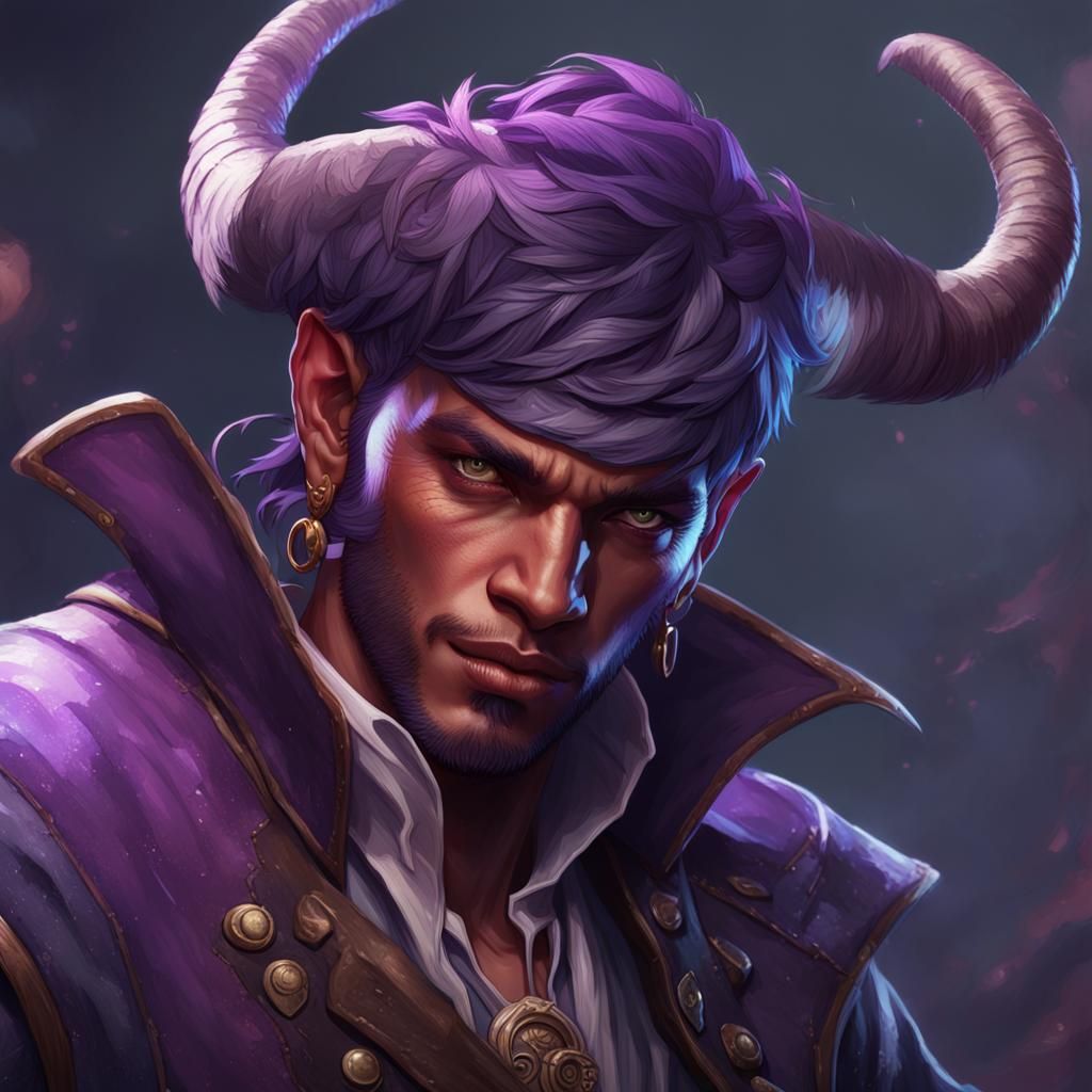 Purple Tiefling Pirate Portrait in Digital Art Style