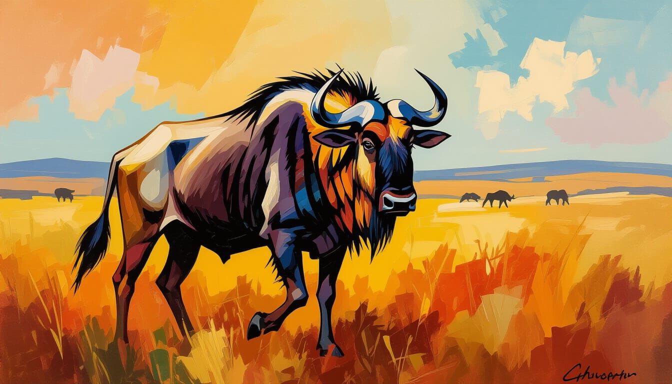 Majestic Wildebeest in Neo-Expressionist Savannah