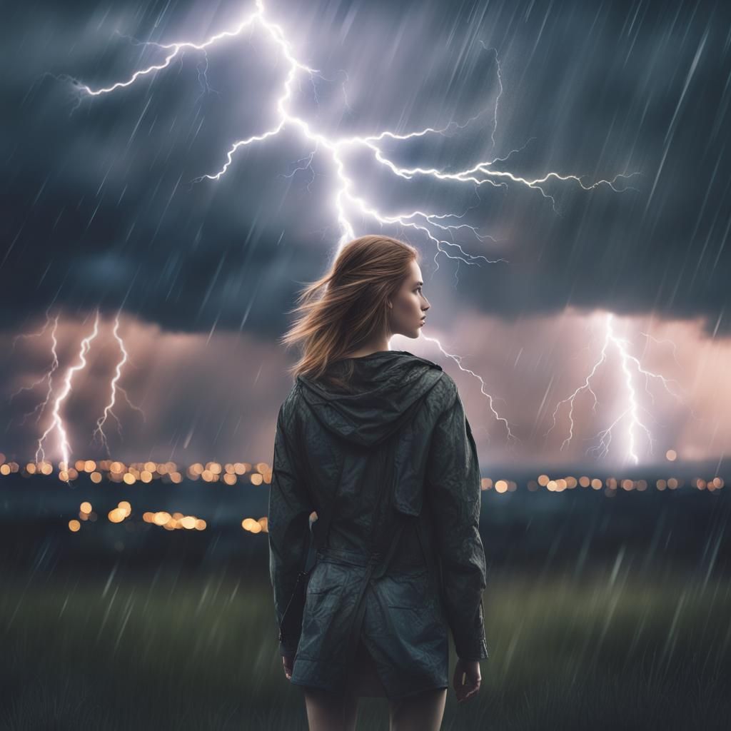 Double Exposure Girl in Lightning Storm Landscape