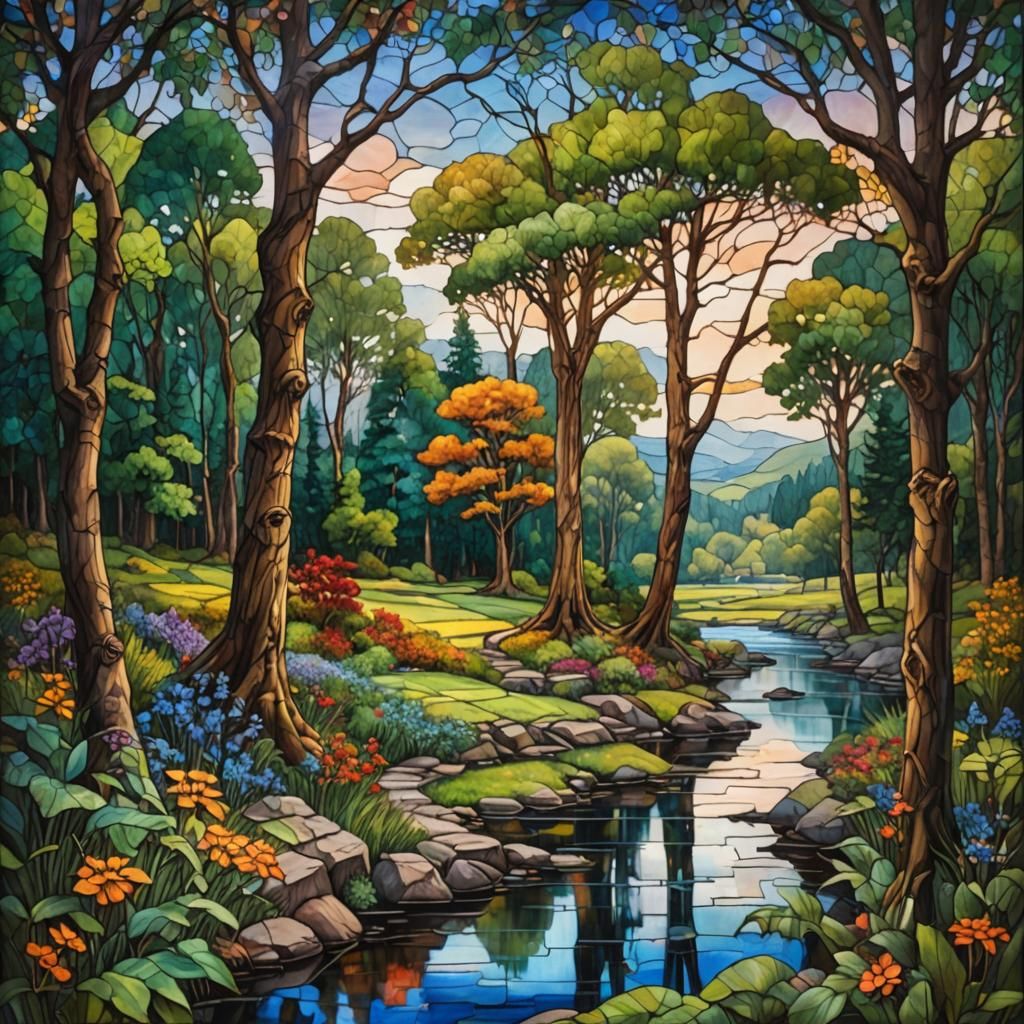 Romantic Landscape in Stained Glass Style