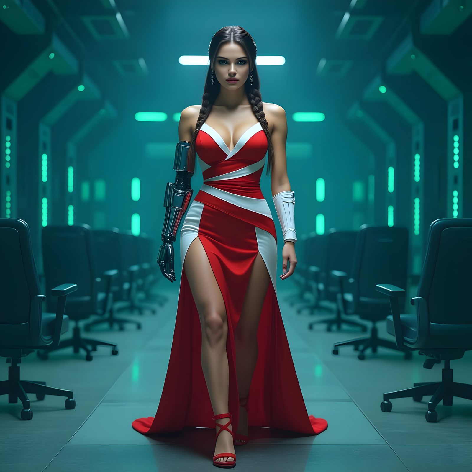 Cybernetic Woman in Futuristic Data Center