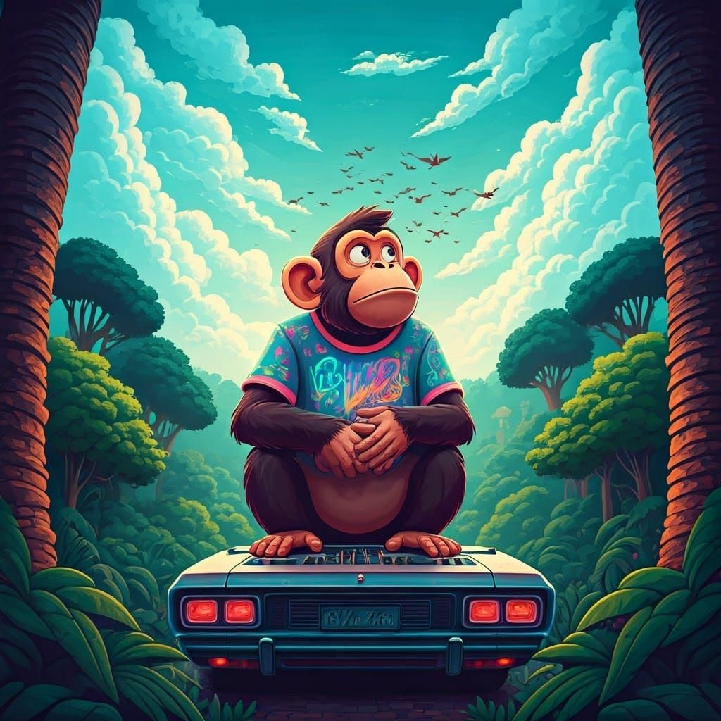 Giant Monkey DJ Gazing at Birds in Cartoon Style