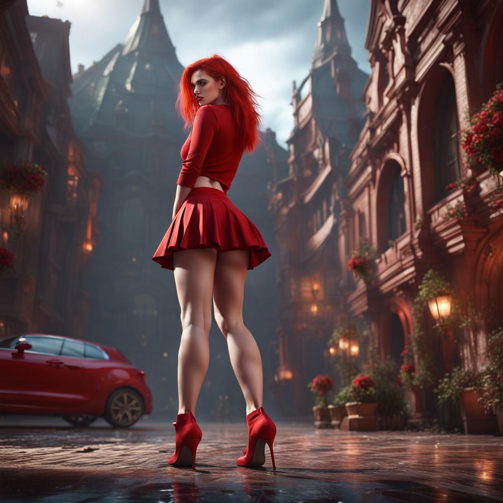 Redhead in Red Miniskirt: Fantasy Concept Art