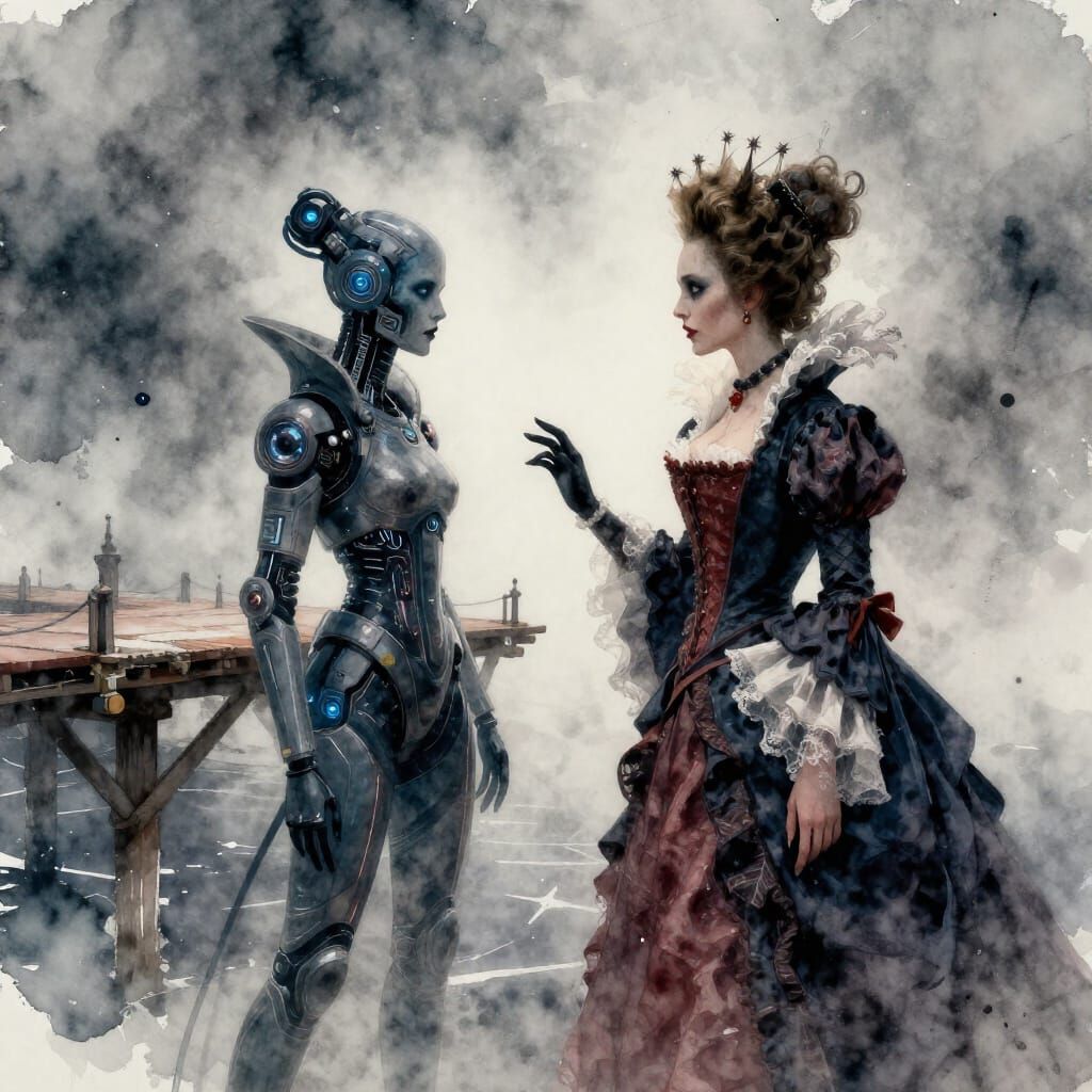 Sinister French Queen Meets Cyberpunk Queen on Cosmic Pier
