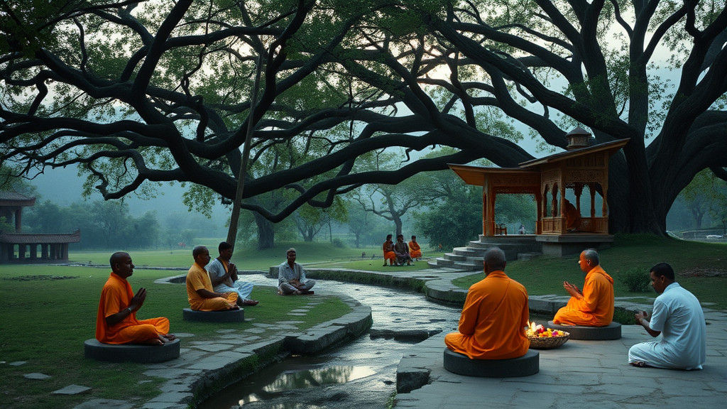 Ancient Saints Meditating in Ashram: A Cinematic Still