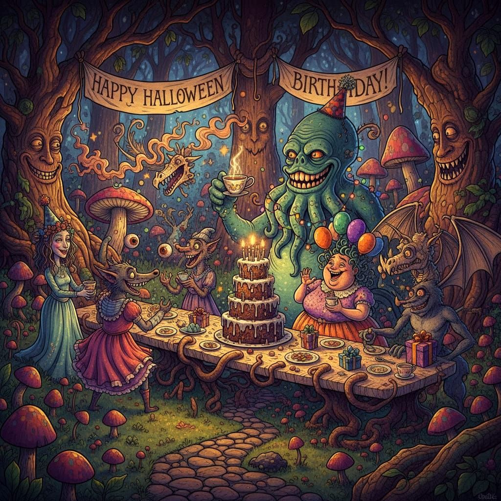 Spooky Creatures Celebrate Birthday in Whimsical Cartoon Sty...