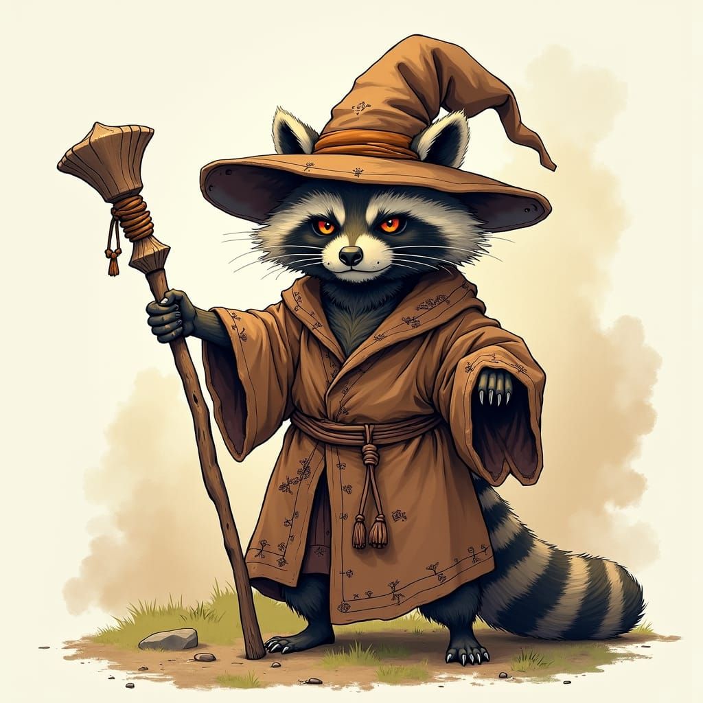 Angry Raccoon Wizard in Anime Watercolor Style