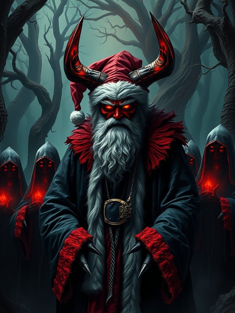Dark Demon Santa Claus Surrounded by Cultists in a Haunting...
