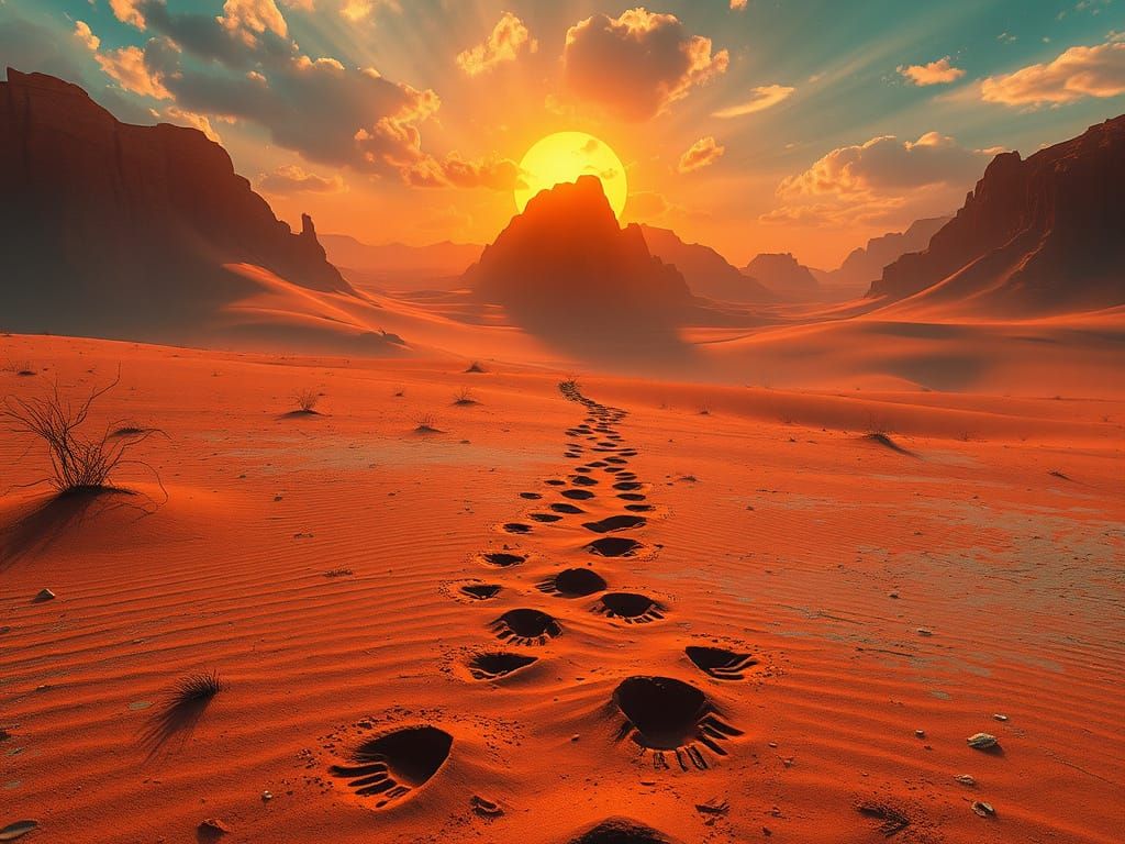 Hyperrealistic Footprints in Abandoned Desert Landscape