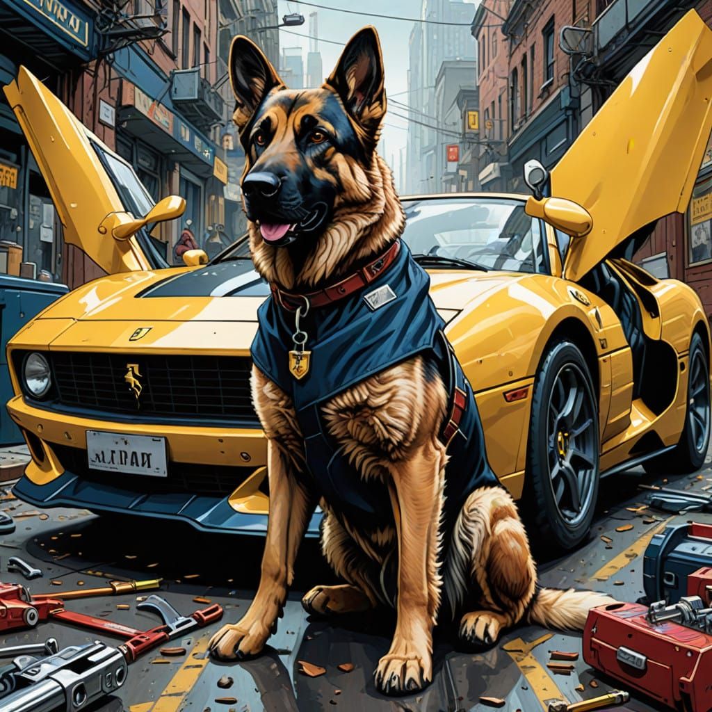 Majestic German Shepherd Mechanic Repairs Ferrari in Navy Bl...