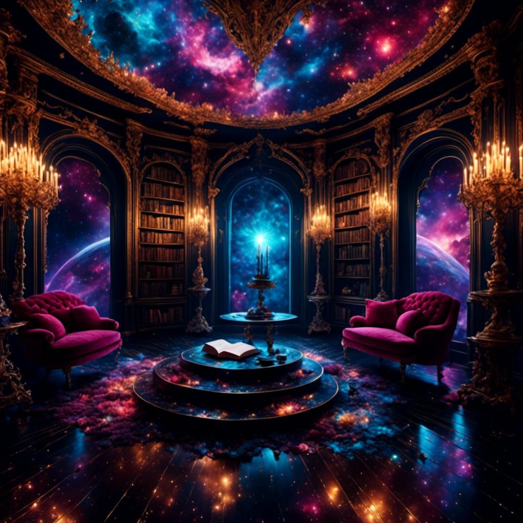 Dark Hyperreal Room with Books on Pedestals