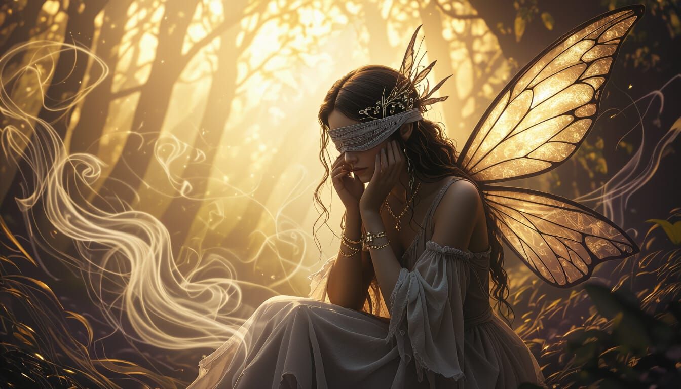 Heartbroken Fairy Casts Longing Spells in Mystical Forest