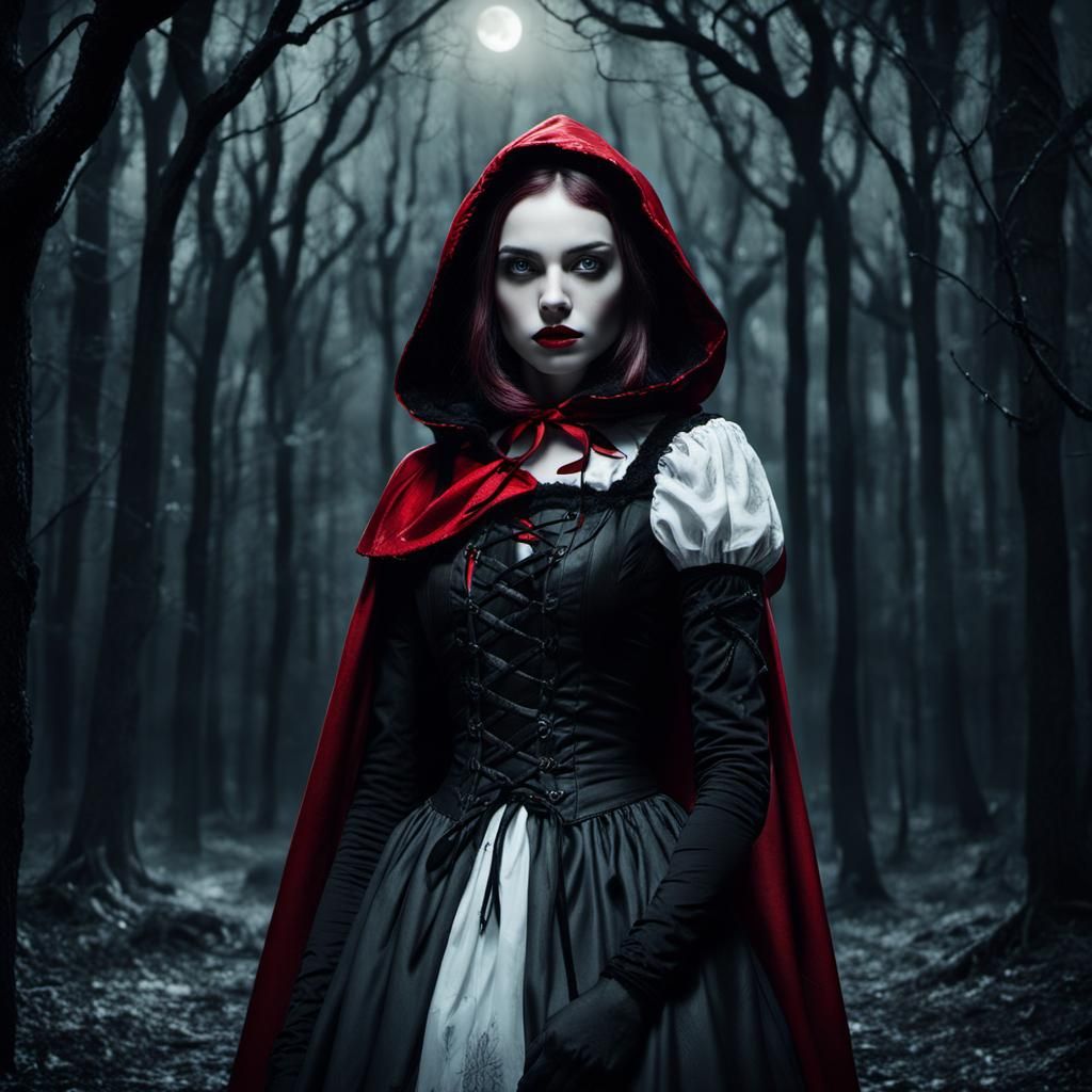 Gothic Red Riding Hood in Dark Forest
