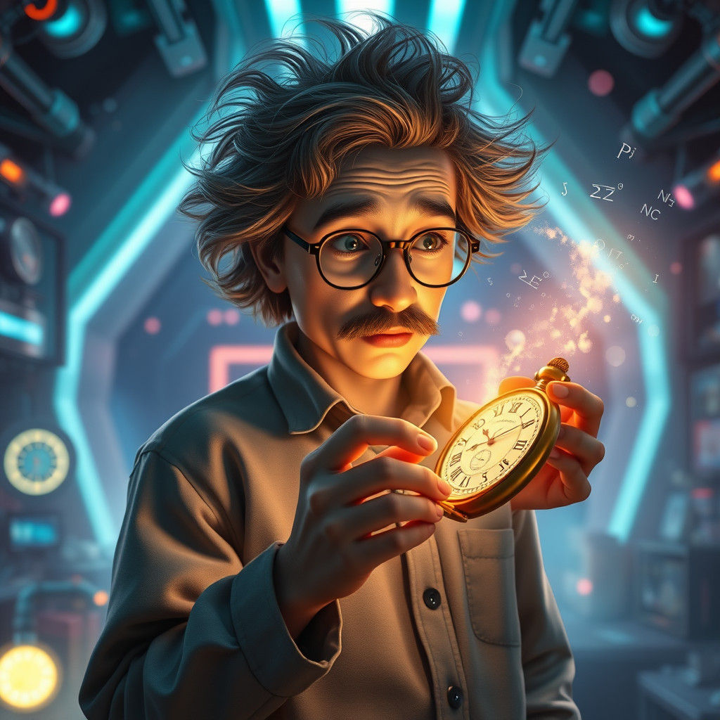 Young Einstein in Futuristic Lab with Pocket Watch