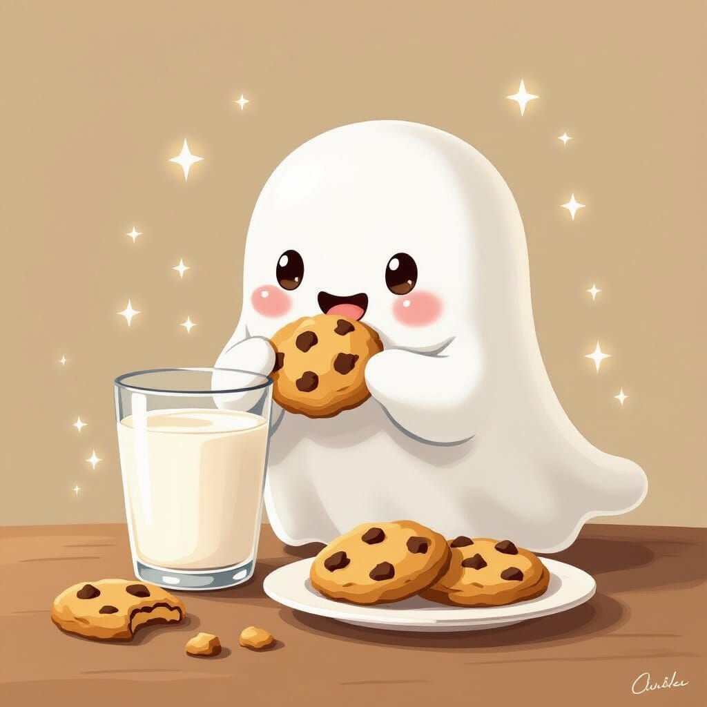 Cute Cartoon Ghost Enjoys Cookies and Milk