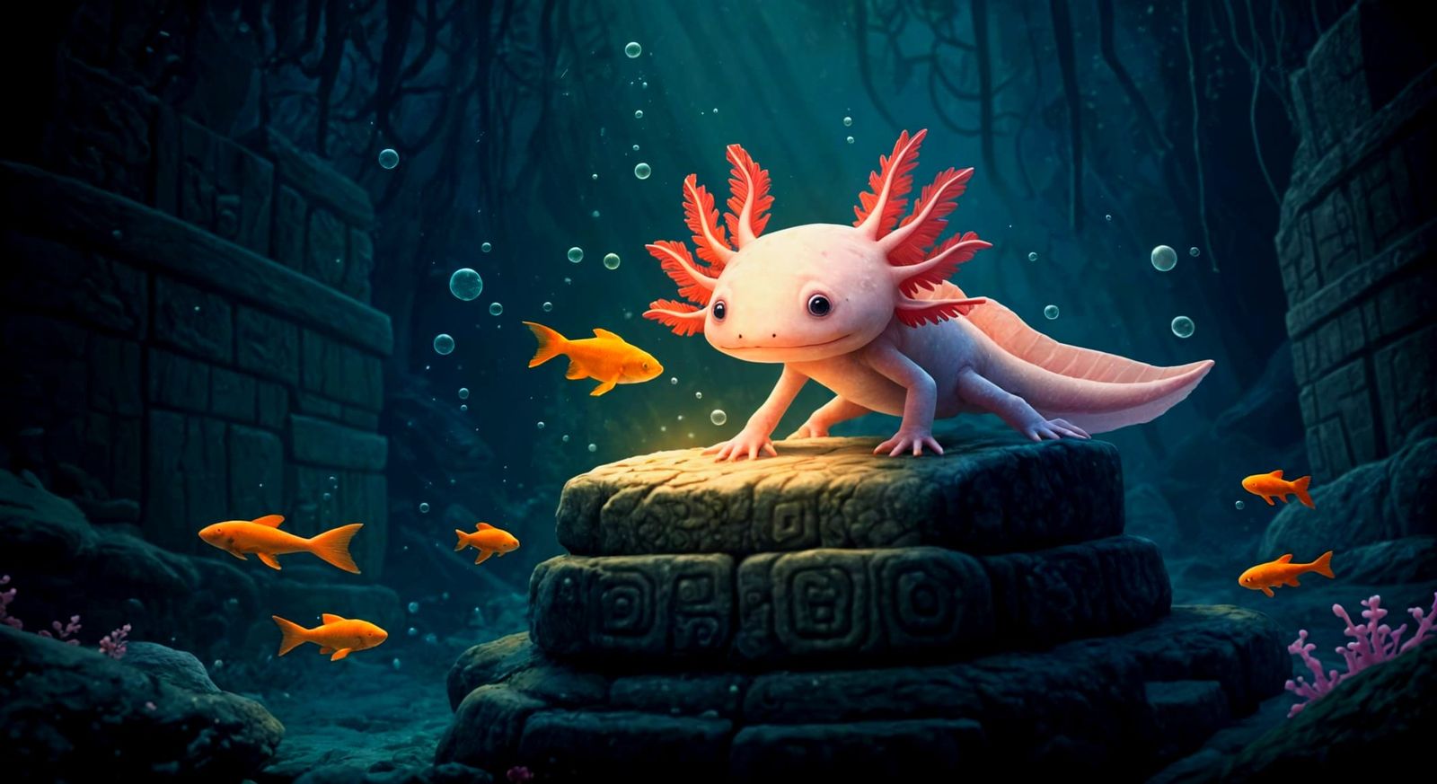Mystical Axolotl Amidst Ancient Aztec Ruins