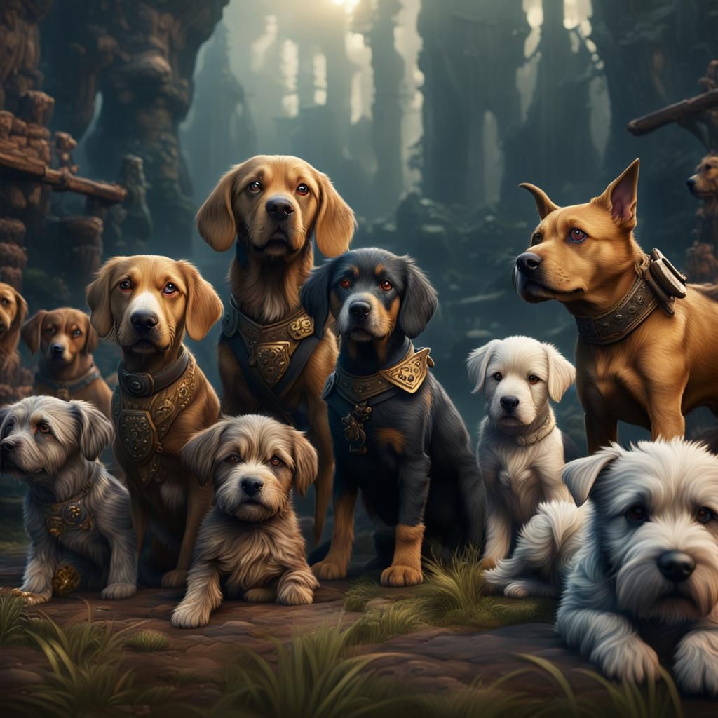 Detailed Matte Painting of a Litter of Dogs