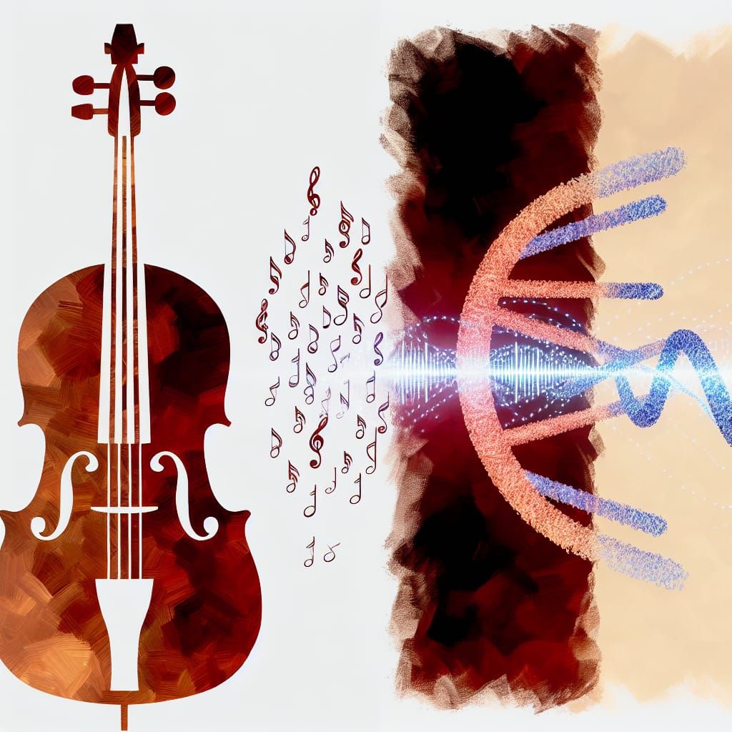 Harmonious Cello with DNA Music Notes, Gouache Style