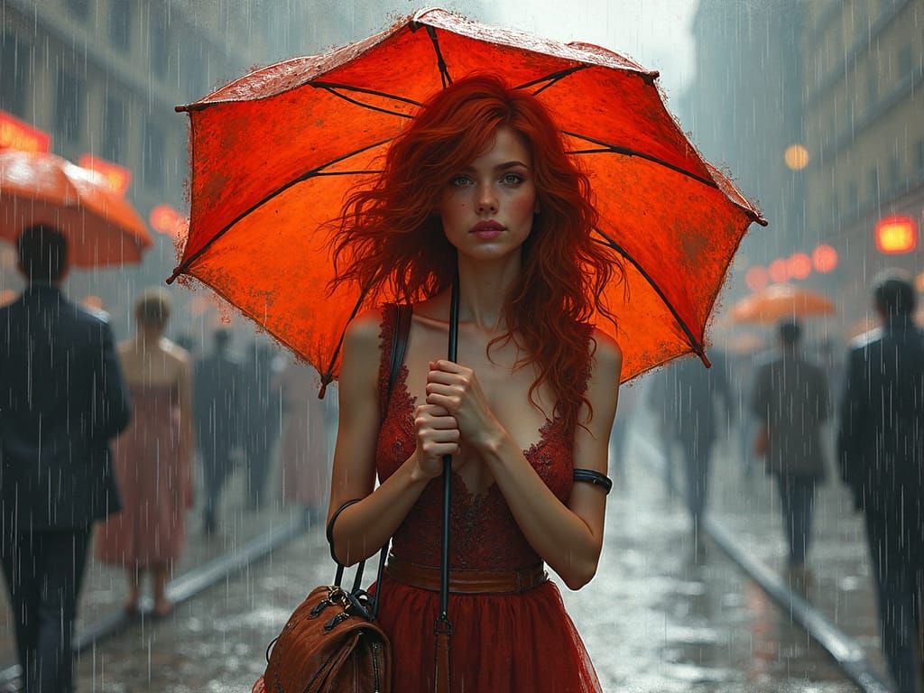 Red-Haired Girl in Rain, Impressionistic Comic Style