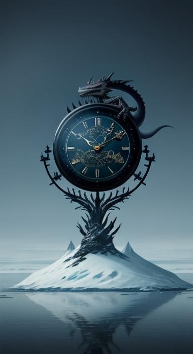 Ethereal Dragon Clock in Arctic Landscape