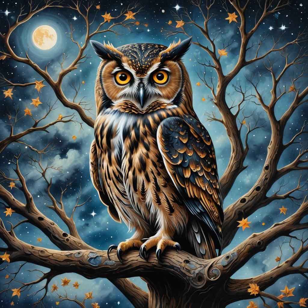 Pop Surrealism Owl Painting Under Starry Night