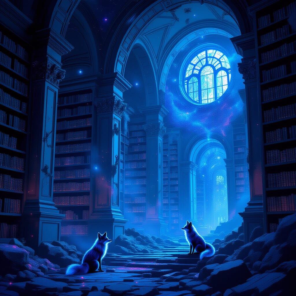 Cosmic Library Ruin with Spectral Fox