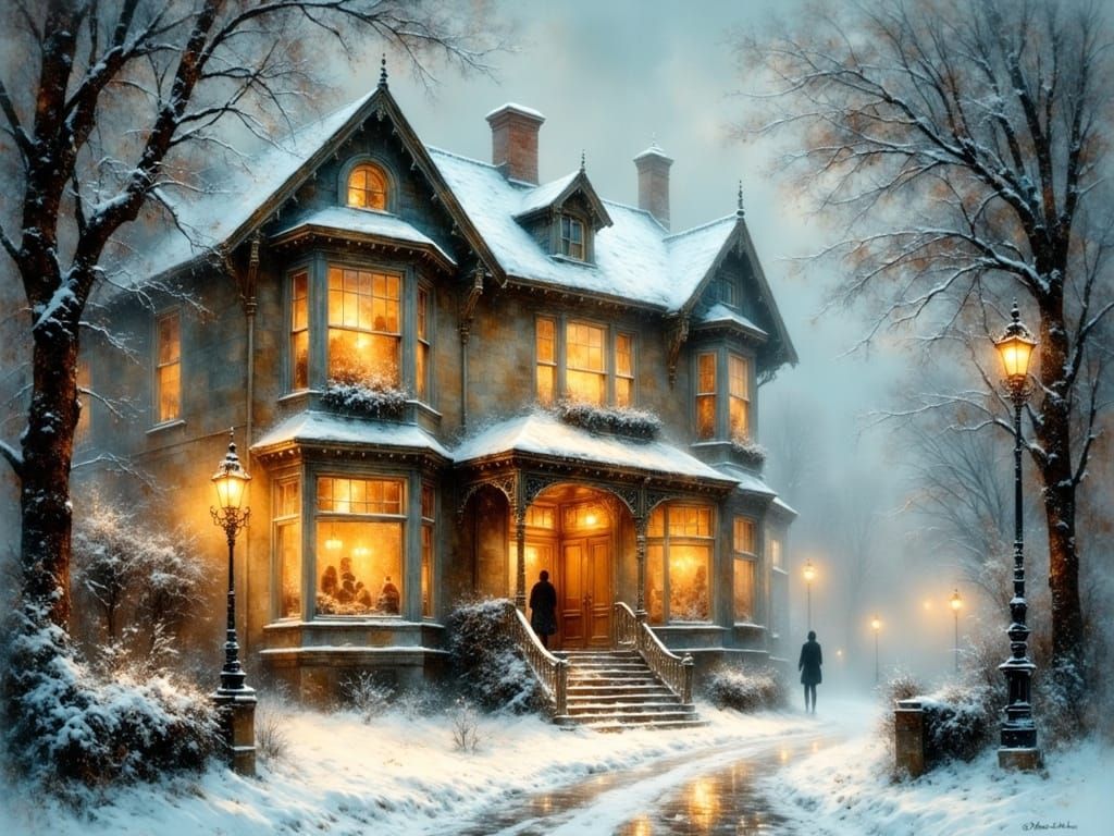 Cozy Victorian Home in Gentle Snowfall