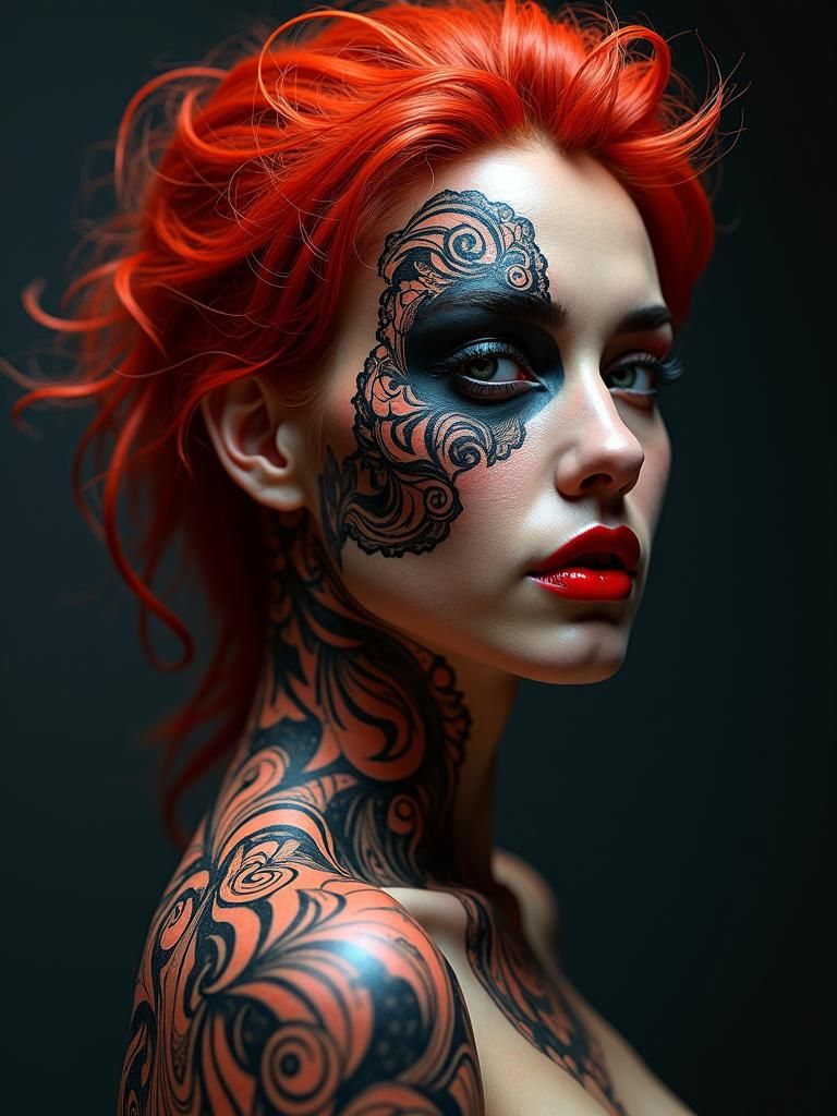 Woman with EVE Online Tattoo in Hyperrealistic Style