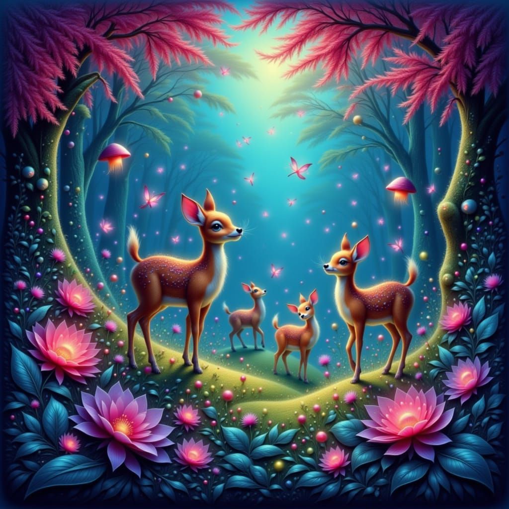 Neon Magical Forest with Frolicking Fawns