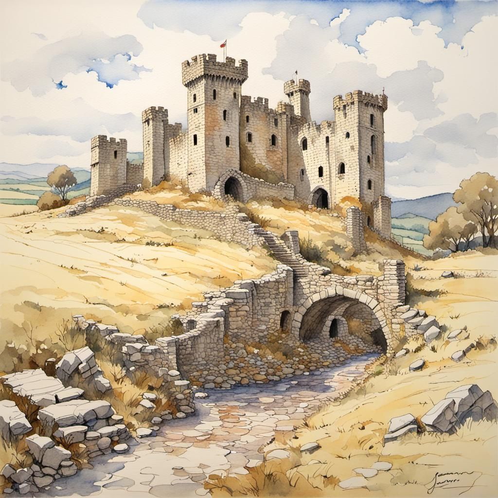 Castle Ruins in Rural Landscape: Watercolour Painting