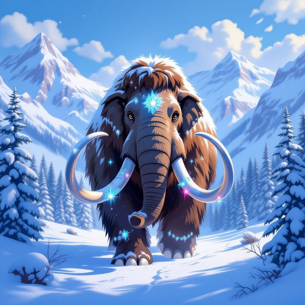 Majestic Crystalline Mammoth in Snowy Valley: Ghibli Style