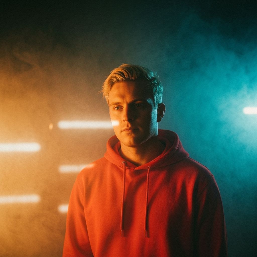 Cinematic Teal Orange Film Still of Man in Red Hoodie