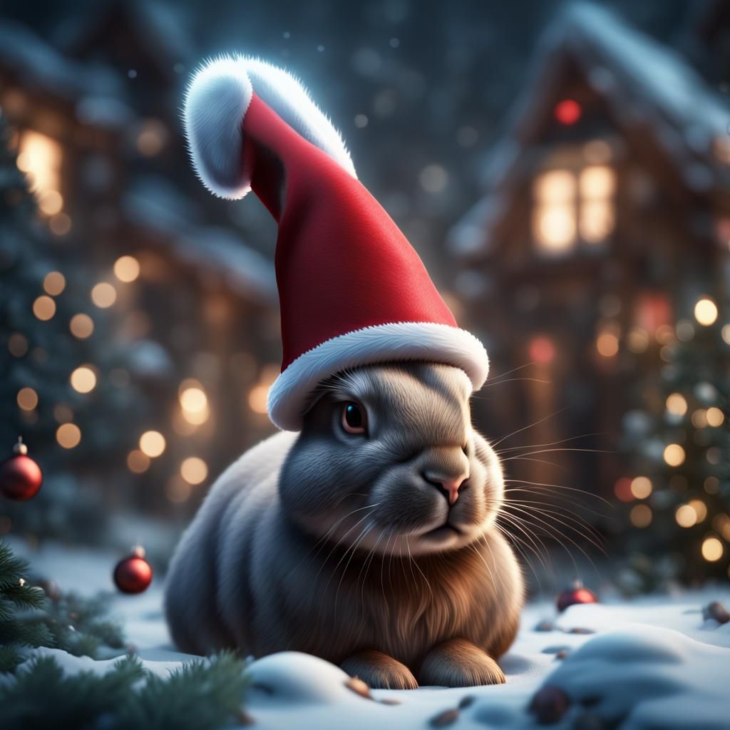 Festive Bunny in Christmas Hat: Detailed Matte Painting