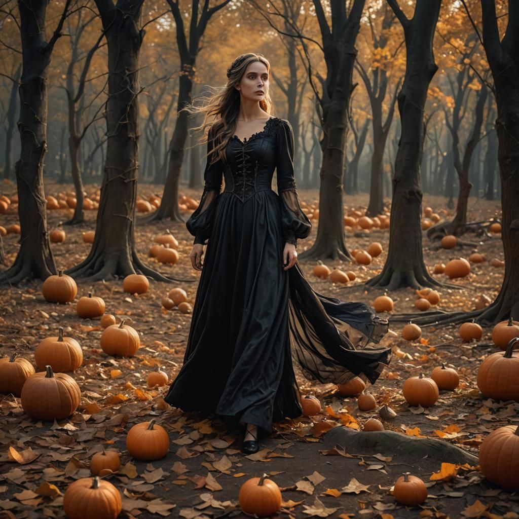 Gothic Forest Woman with Pumpkins in Hyperrealistic Photo