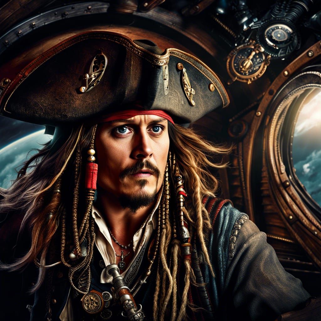 Hyperrealistic Pirate Johnny Depp in Spaceship