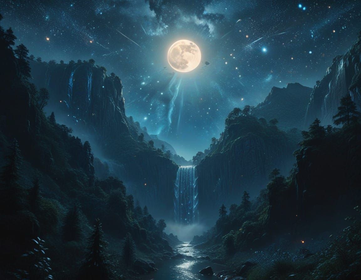 Surreal Cosmic Nighttime Scene with Stars and Waterfall