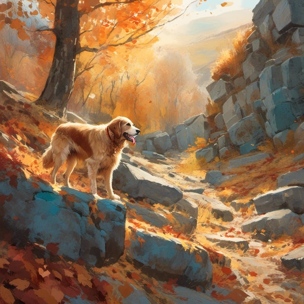 Dog Playing in Autumn Leaves: Fantasy Concept Art