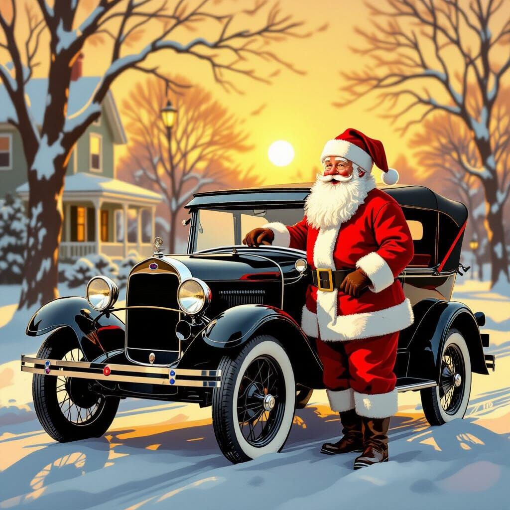 Santa Claus Beside Vintage Ford Model T in Golden Hour