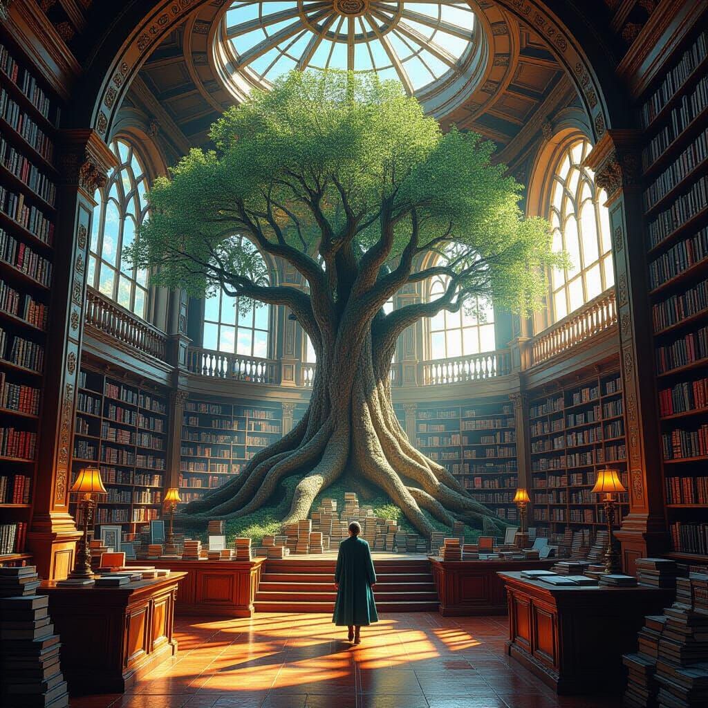 Magical Library with Giant Tree, Digital Art