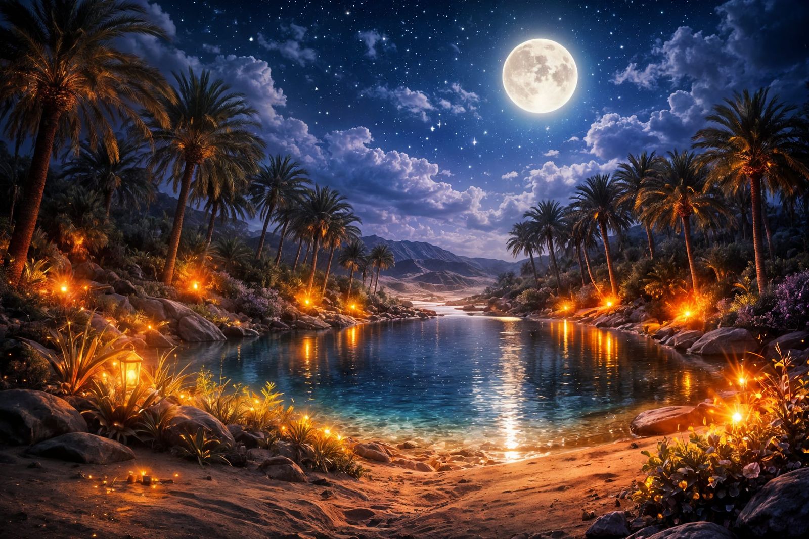 Enchanted Desert Oasis at Night Under Starlit Sky