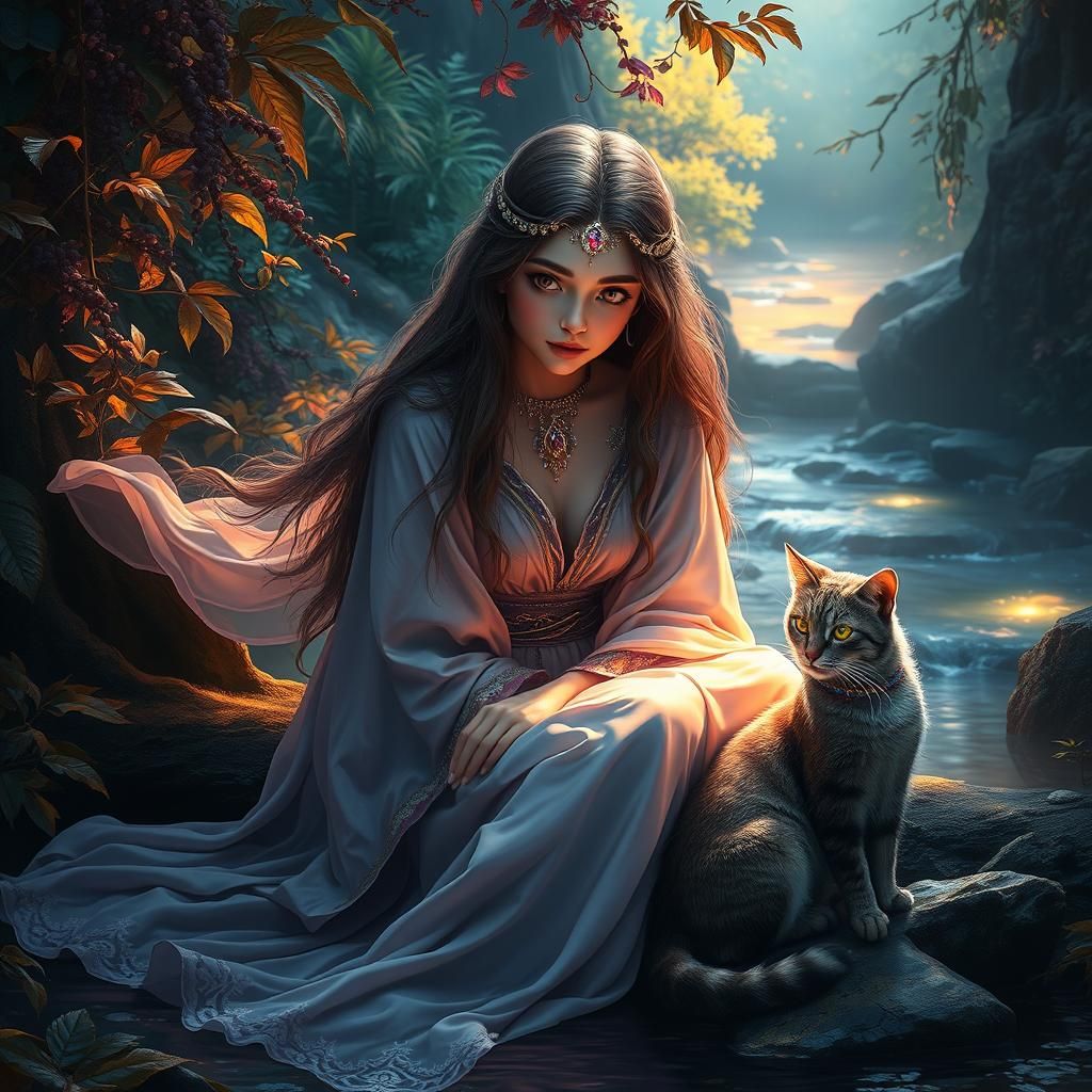 Girl by Mystical Stream with Cat Digital Portrait