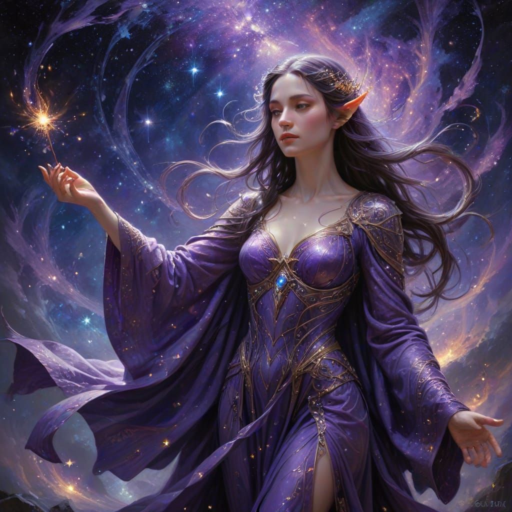 Elven Wizardess in Resplendent Purple Robes Casts Spell Amid...