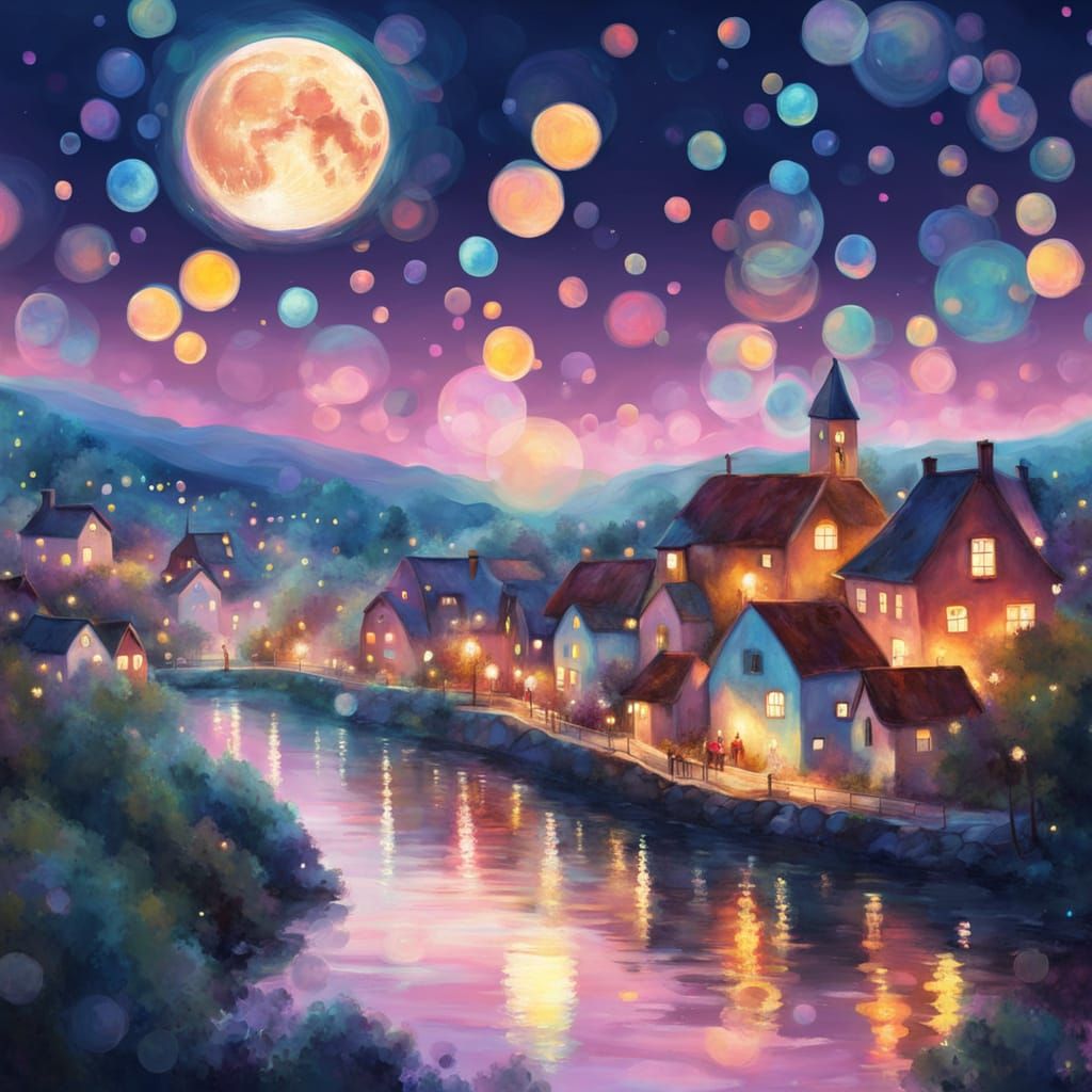 Bubbles Float Over Town in Impressionistic Style
