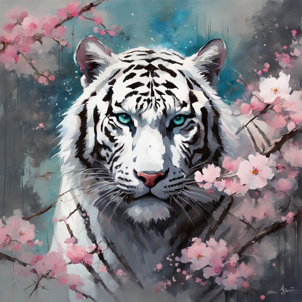 White Tiger in Sakura Garden as Oil Painting