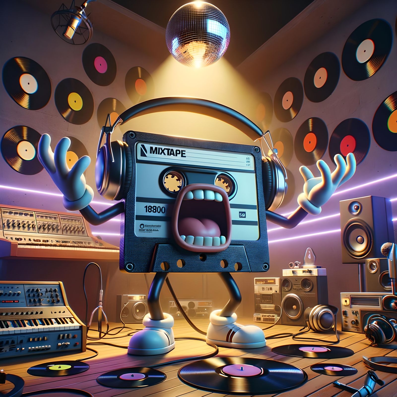 Anthropomorphic Mixtape Screams in 80s Studio