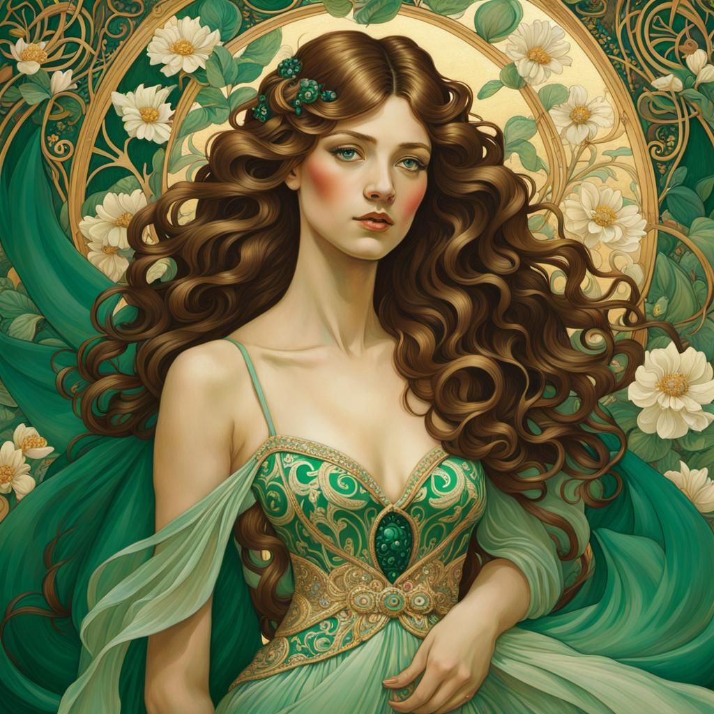 Elegant Art Nouveau Woman Portrait with Flowing Gown