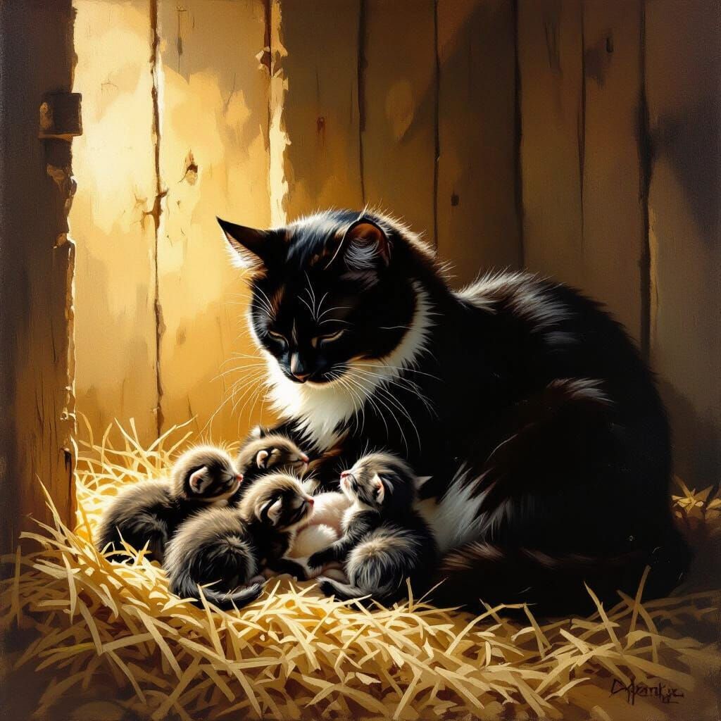 Mother Cat Nurses Kittens in Warm Barn Light