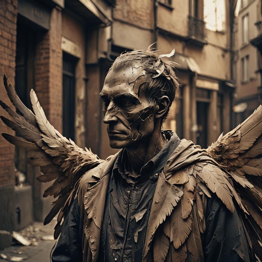 Distressed Winged Figure with Ethereal Glow